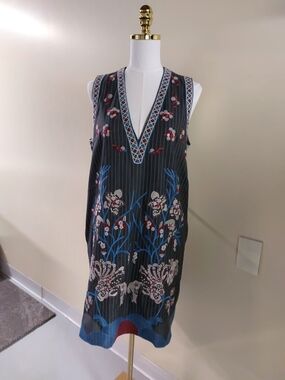 foxiedox Charcoal Gray Dress with Blue and Red Embroidered Trim